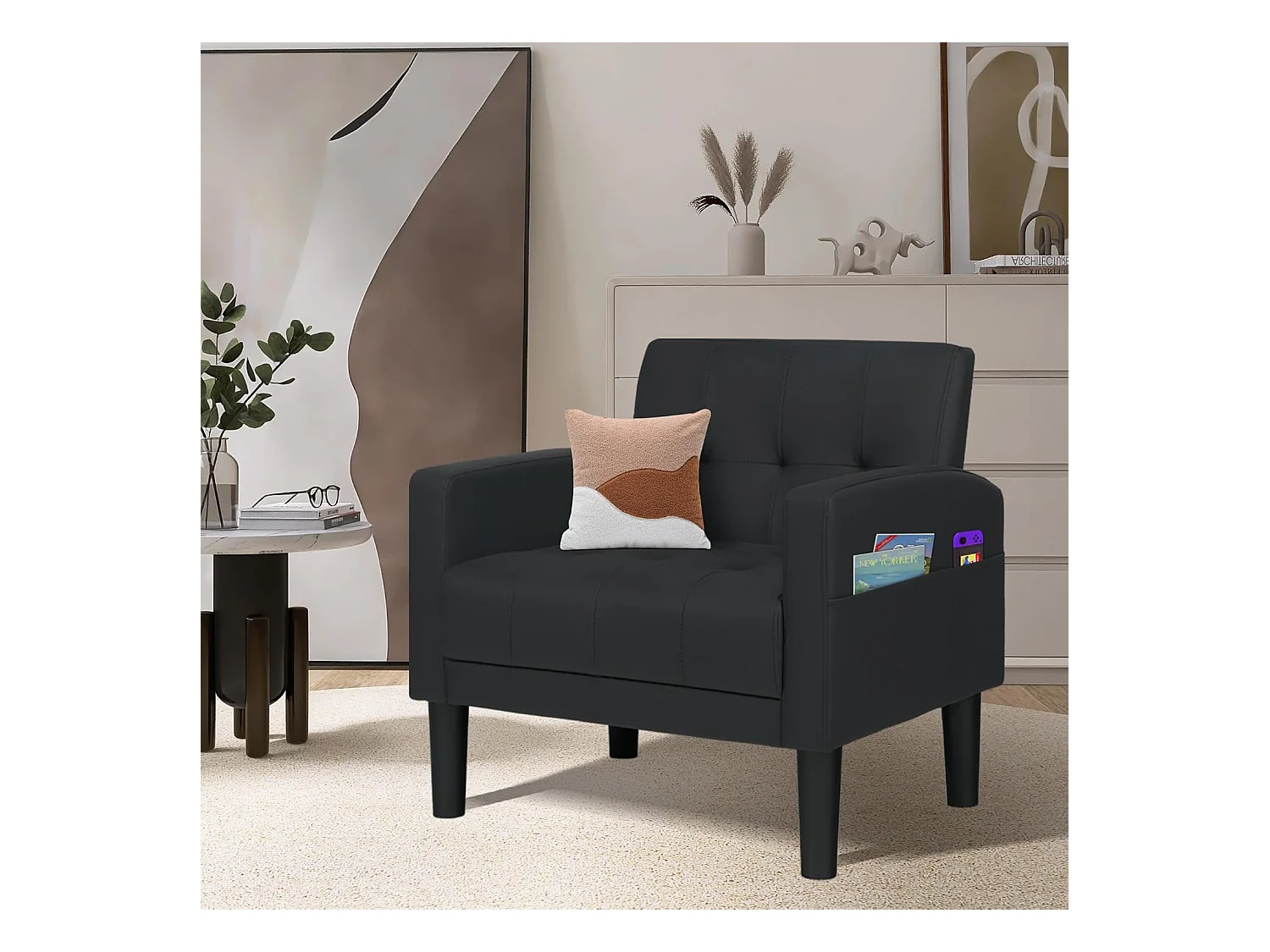 Fauteuil de Salon Moderne Canapé 1 Place Confortable Fauteuil Relax avec Coussins pour Salon Cadre en Bois Fauteuil Noir