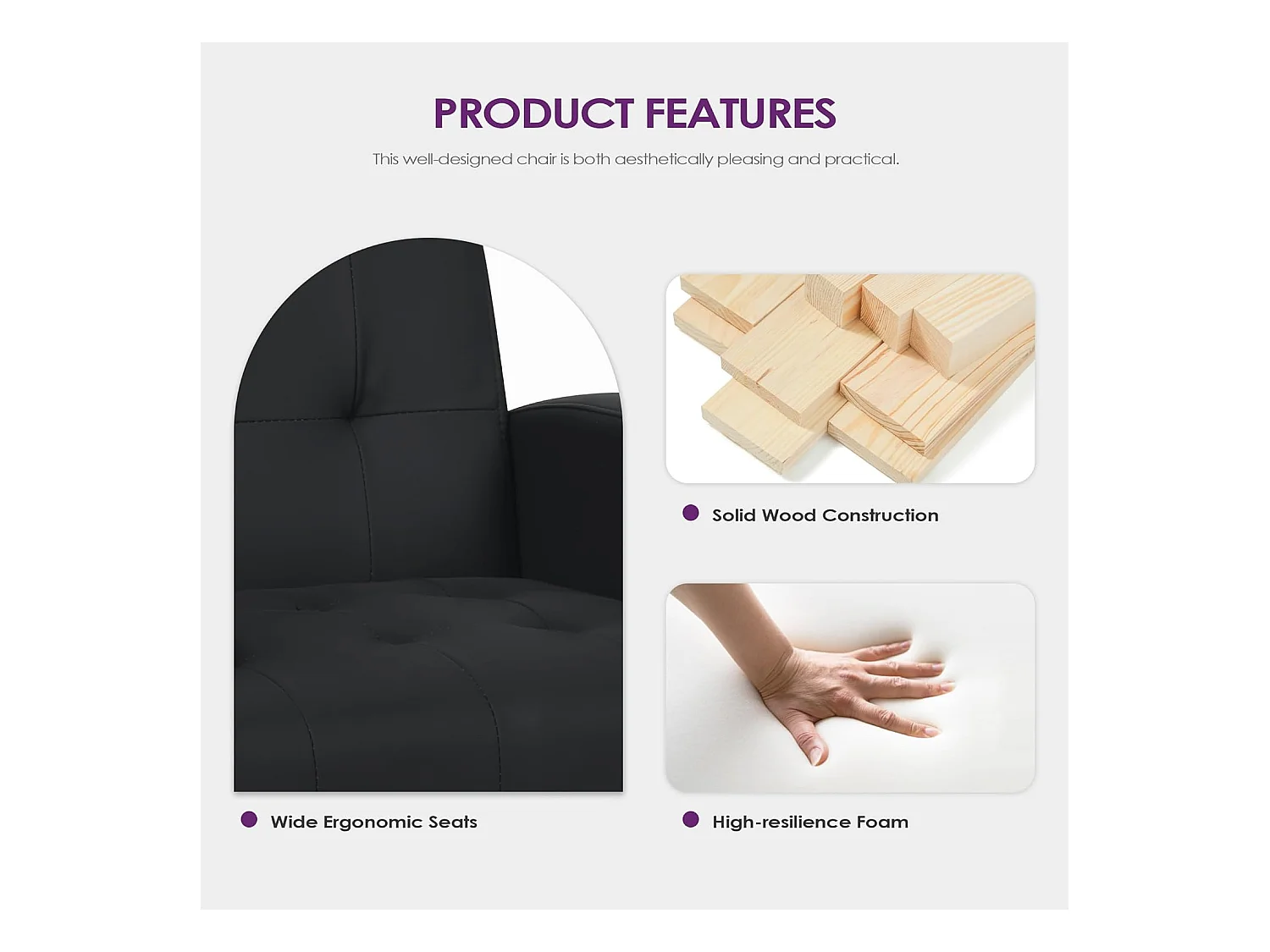 Fauteuil de Salon Moderne Canapé 1 Place Confortable Fauteuil Relax avec Coussins pour Salon Cadre en Bois Fauteuil Noir