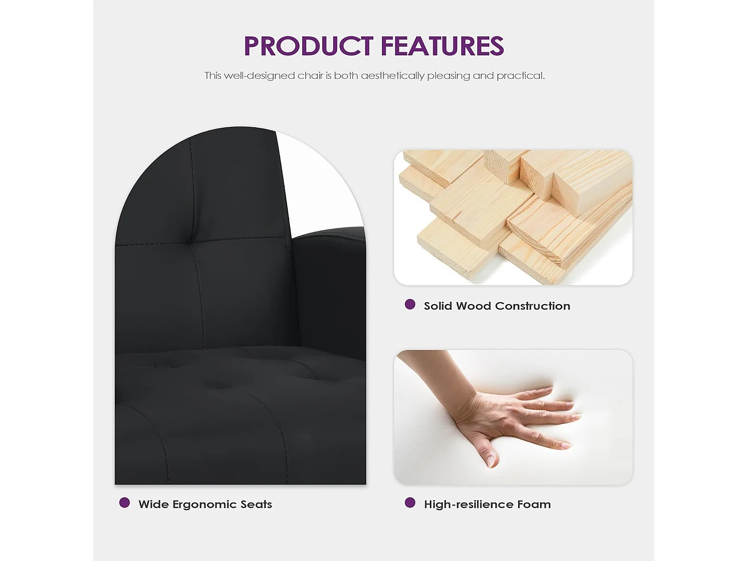 Fauteuil de Salon Moderne Canapé 1 Place Confortable Fauteuil Relax avec Coussins pour Salon Cadre en Bois Fauteuil Noir