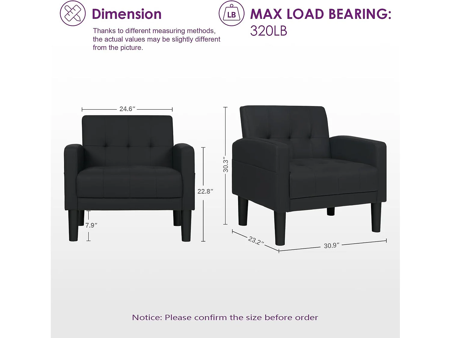 Fauteuil de Salon Moderne Canapé 1 Place Confortable Fauteuil Relax avec Coussins pour Salon Cadre en Bois Fauteuil Noir