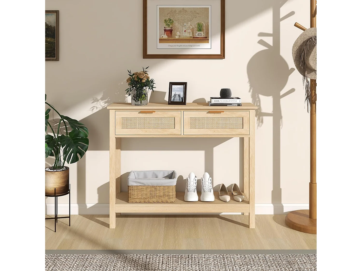 Table Console Table d'Entrée avec 2 Tiroirs 112cm Table Console pour Entrée Chambre Style Moderne Couleur bois