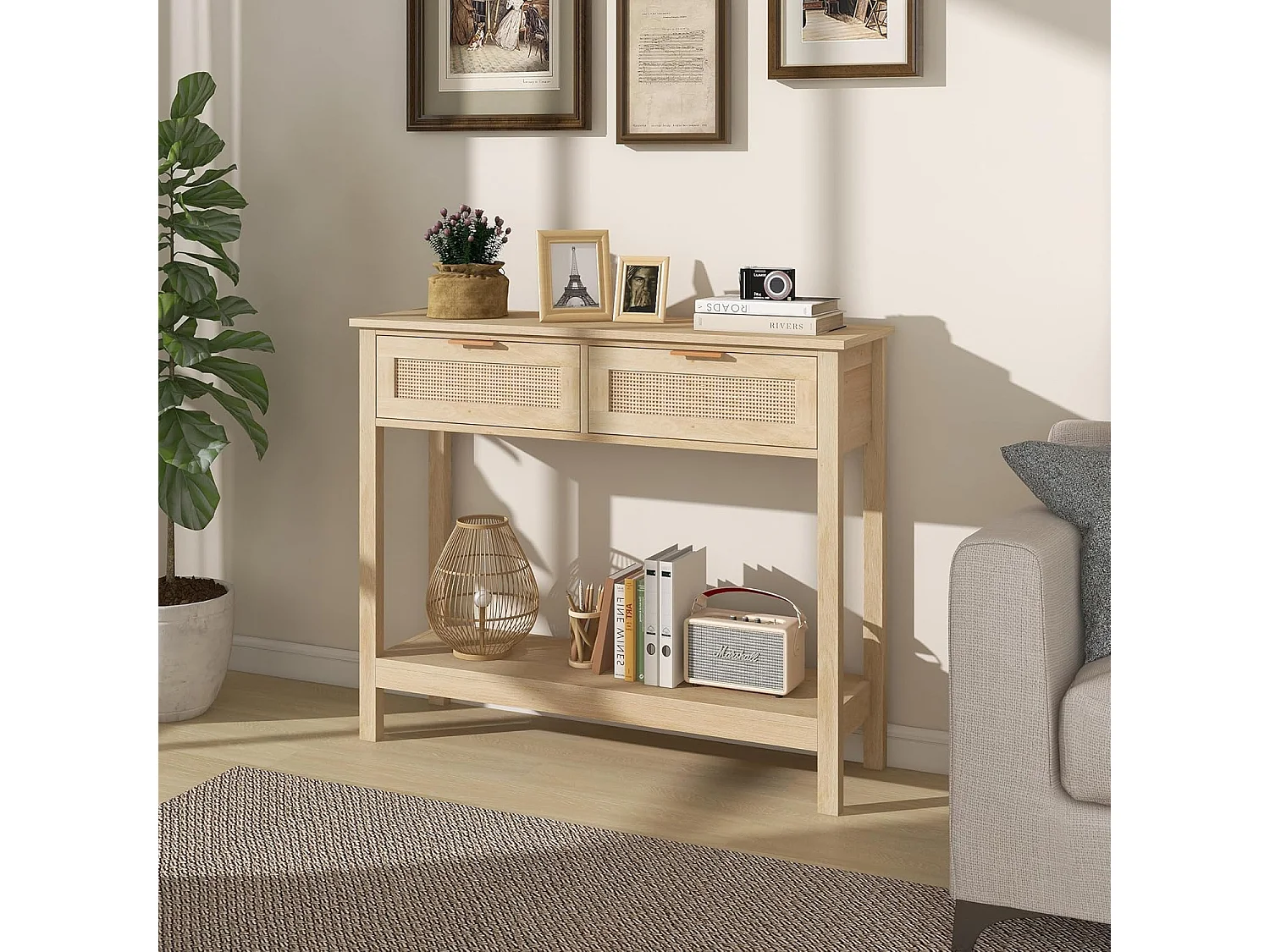 Table Console Table d'Entrée avec 2 Tiroirs 112cm Table Console pour Entrée Chambre Style Moderne Couleur bois