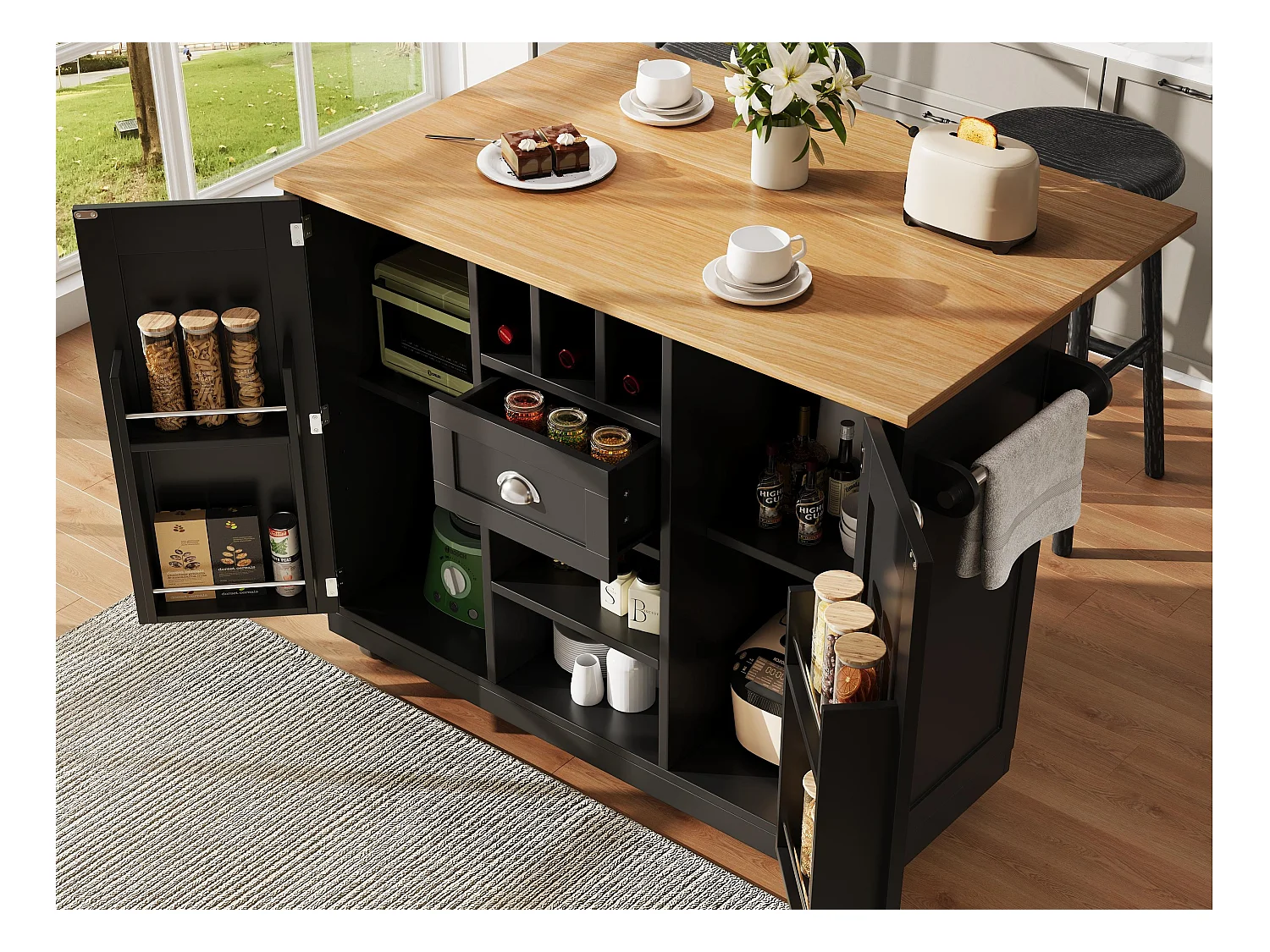 Ilot central de cuisine mobile 140x70x93.5cm - 1 tiroir et 2 portes - plateau extensible - avec roulettes - noir