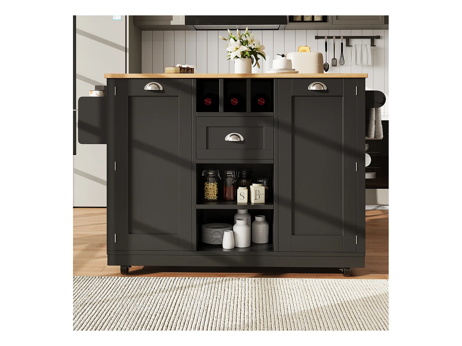 Ilot central de cuisine mobile 140x70x93.5cm - 1 tiroir et 2 portes - plateau extensible - avec roulettes - noir