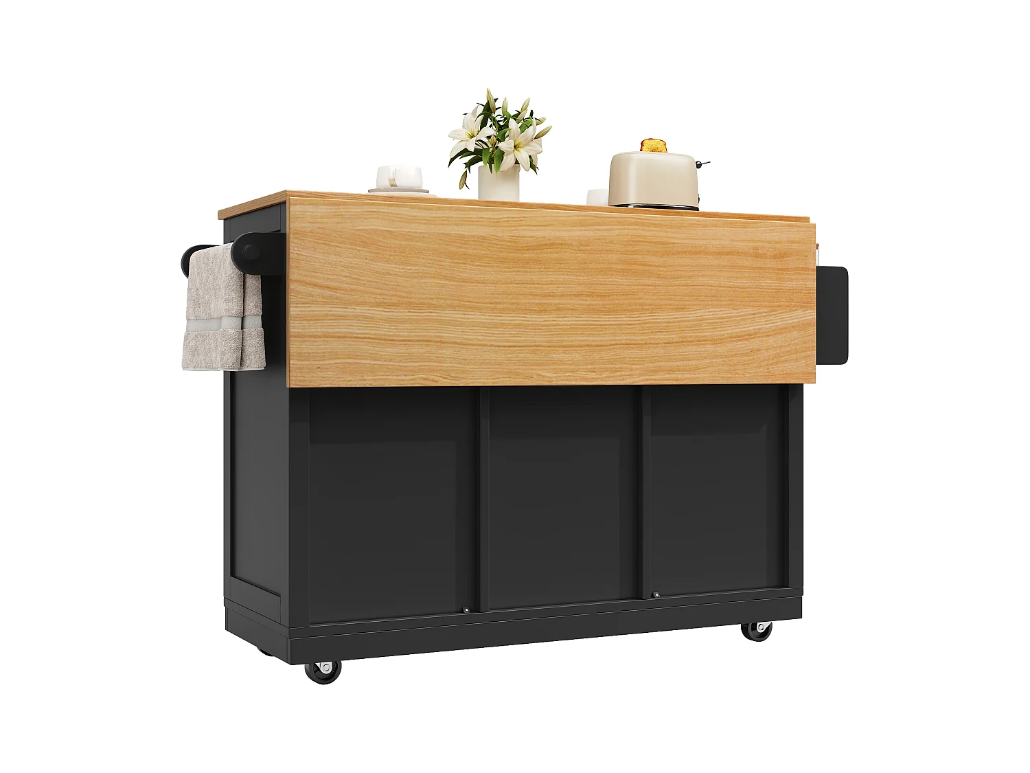 Ilot central de cuisine mobile 140x70x93.5cm - 1 tiroir et 2 portes - plateau extensible - avec roulettes - noir