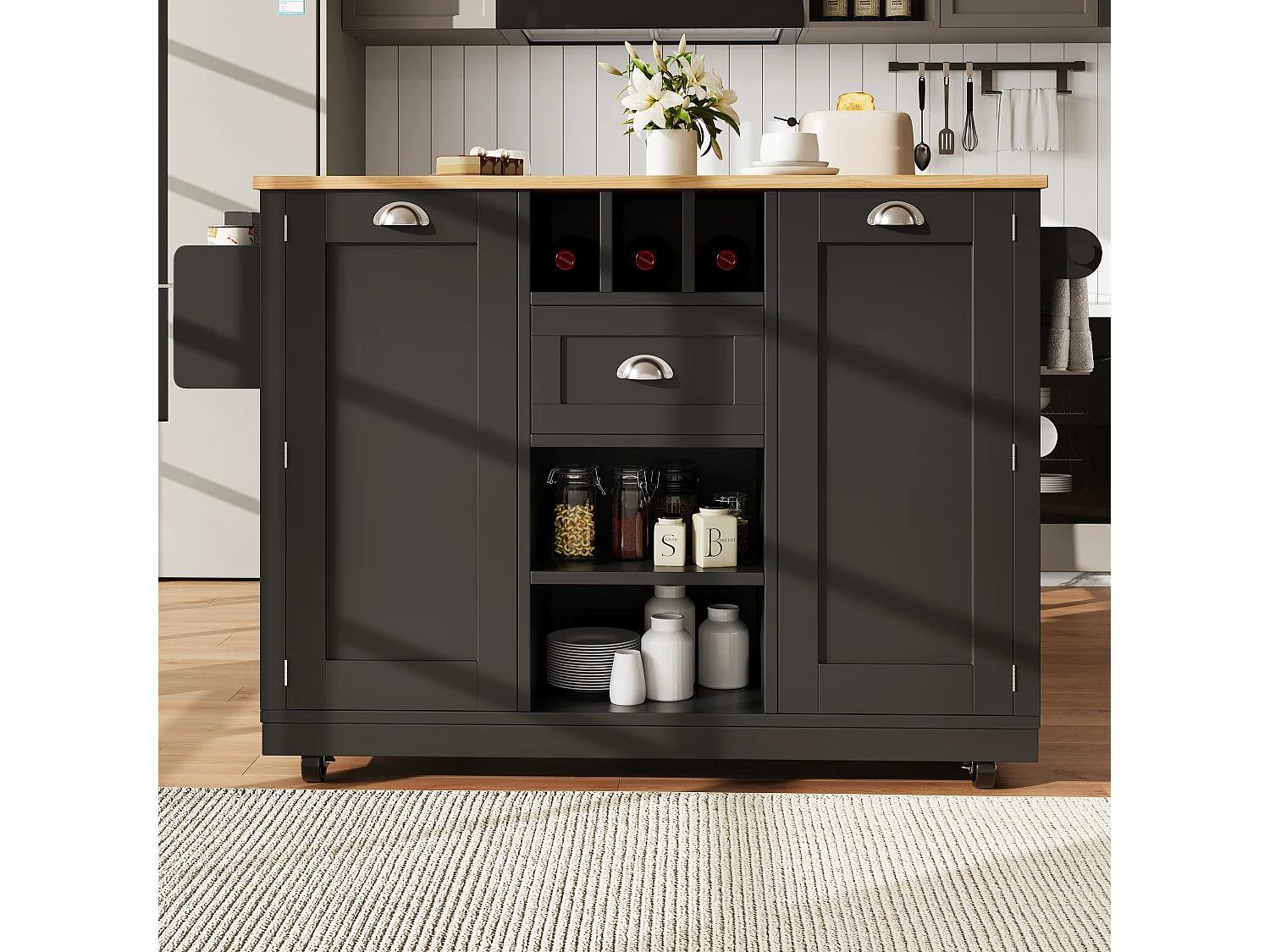 Ilot central de cuisine mobile 140x70x93.5cm - 1 tiroir et 2 portes - plateau extensible - avec roulettes - noir