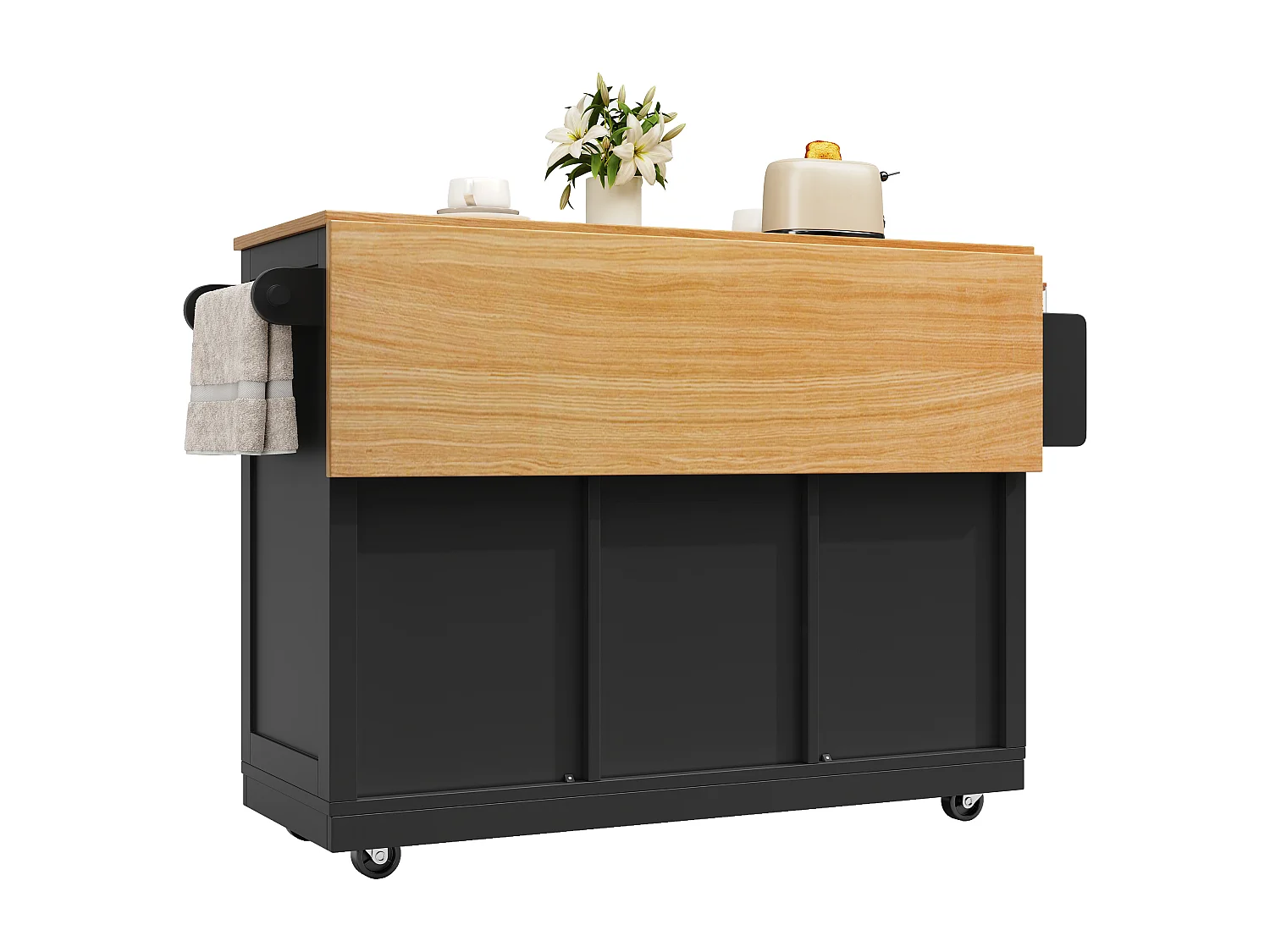 Ilot central de cuisine mobile 140x70x93.5cm - 1 tiroir et 2 portes - plateau extensible - avec roulettes - noir