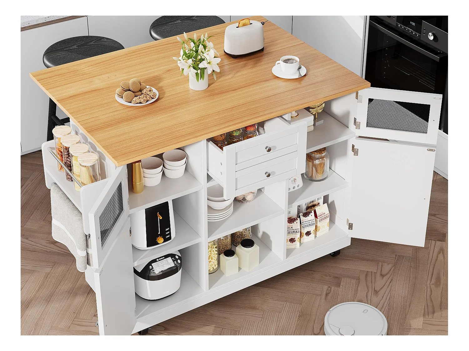 Ilot central de cuisine mobile 140x70x93.5cm - 2 tiroirs et 4 portes - plateau extensible - étagères ajustables - blanc