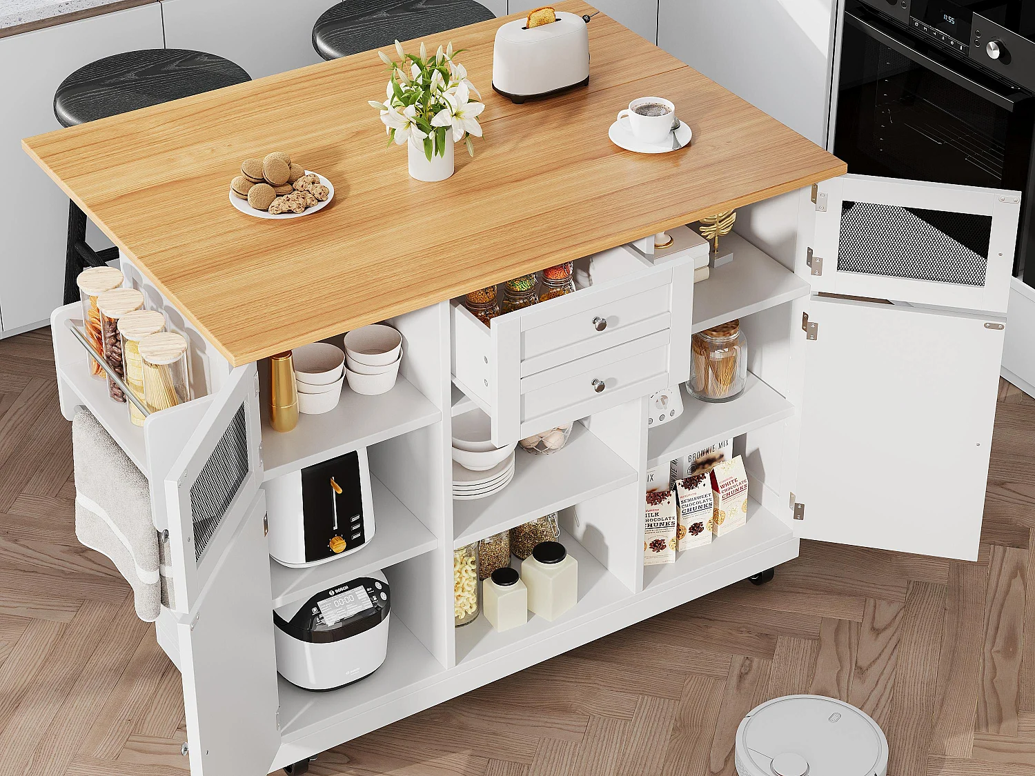 Ilot central de cuisine mobile 140x70x93.5cm - 2 tiroirs et 4 portes - plateau extensible - étagères ajustables - blanc