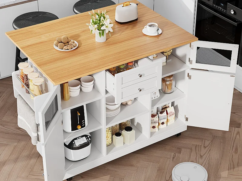 Ilot central de cuisine mobile 140x70x93.5cm - 2 tiroirs et 4 portes - plateau extensible - étagères ajustables - blanc