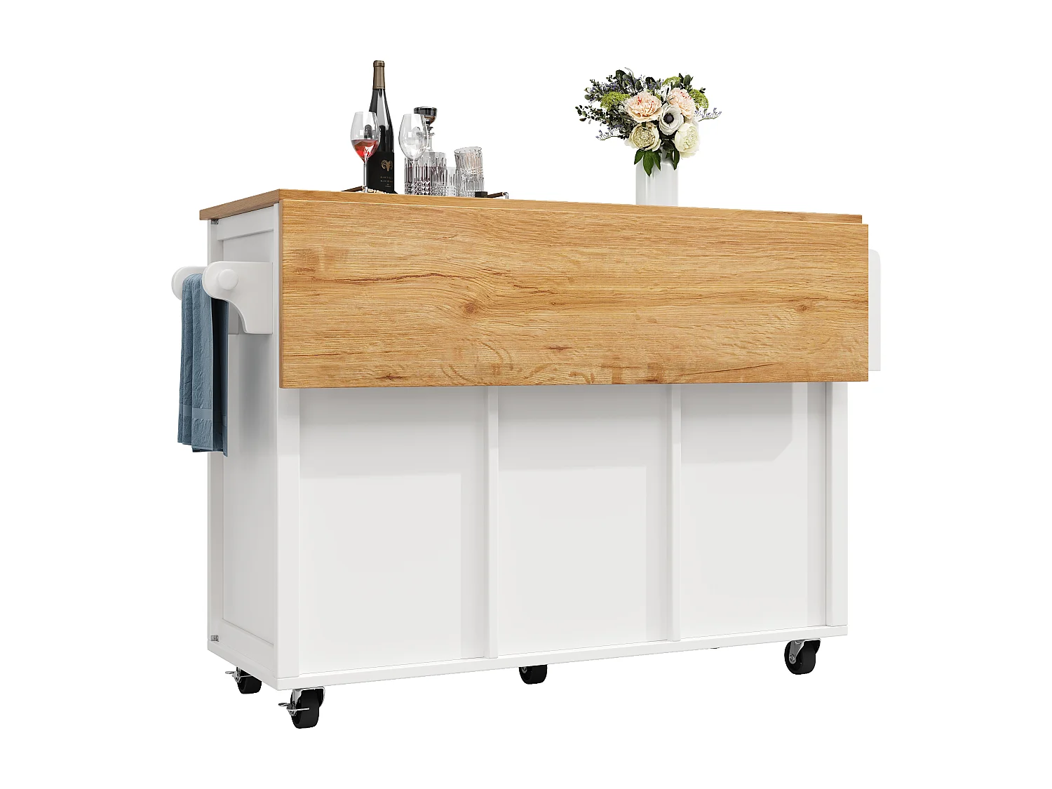 Ilot central de cuisine mobile 137.9x73x92.5cm - 2 tiroirs et 2 portes - plateau extensible - blanc