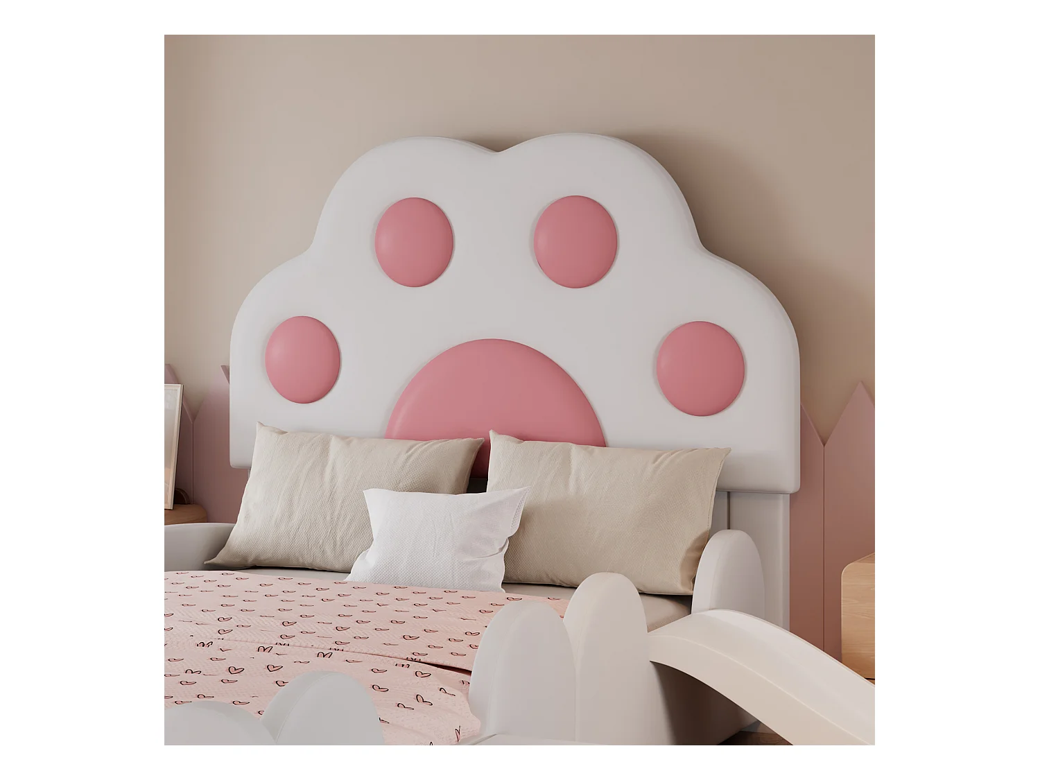 Lit enfant rembourré 90x200 cm - Tête de lit en forme de patte de chat - avec toboggan et petit escalier pour enfants - PU - Blanc + Rose