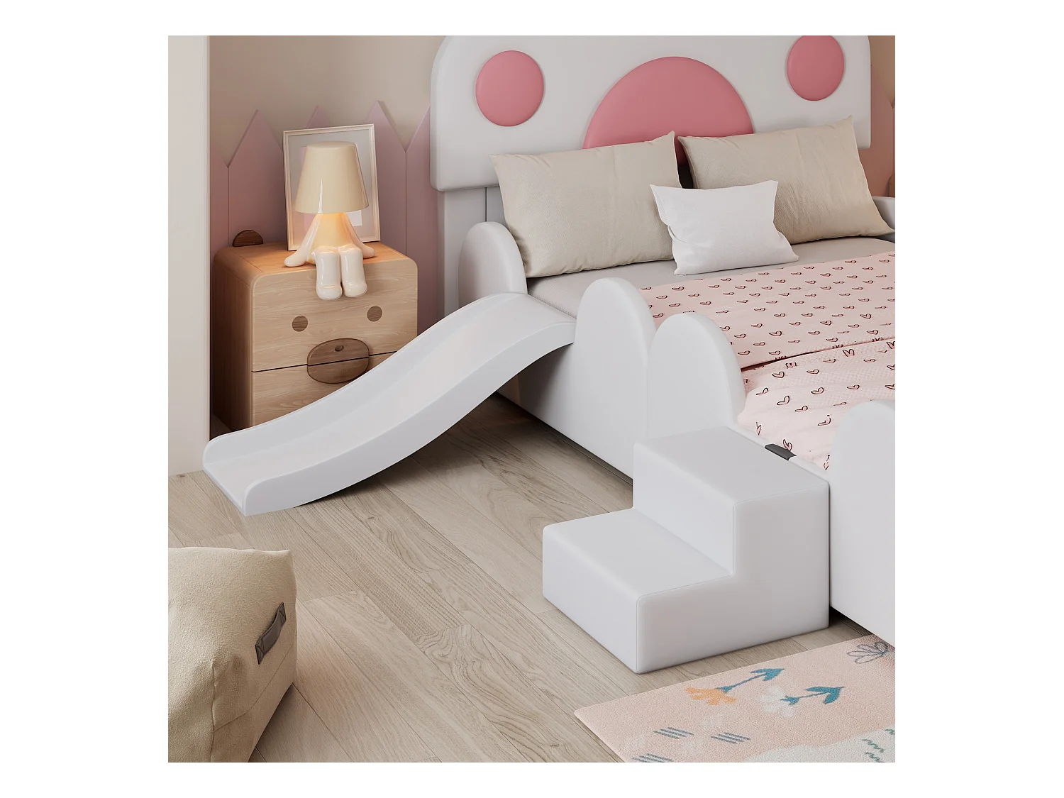 Lit enfant rembourré 90x200 cm - Tête de lit en forme de patte de chat - avec toboggan et petit escalier pour enfants - PU - Blanc + Rose
