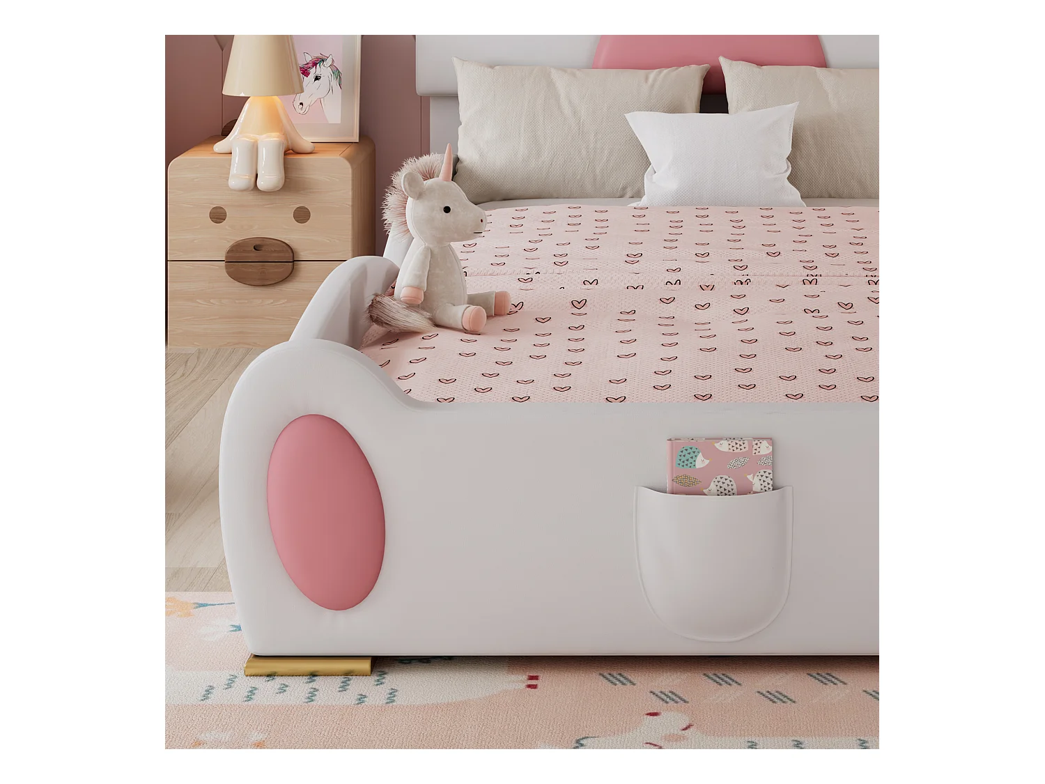 Lit enfant rembourré 90x200 cm - Tête de lit en forme de patte de chat - avec toboggan et petit escalier pour enfants - PU - Blanc + Rose