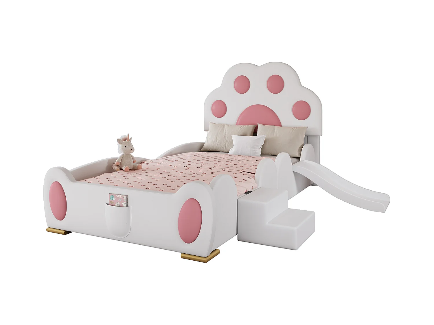 Lit enfant rembourré 90x200 cm - Tête de lit en forme de patte de chat - avec toboggan et petit escalier pour enfants - PU - Blanc + Rose