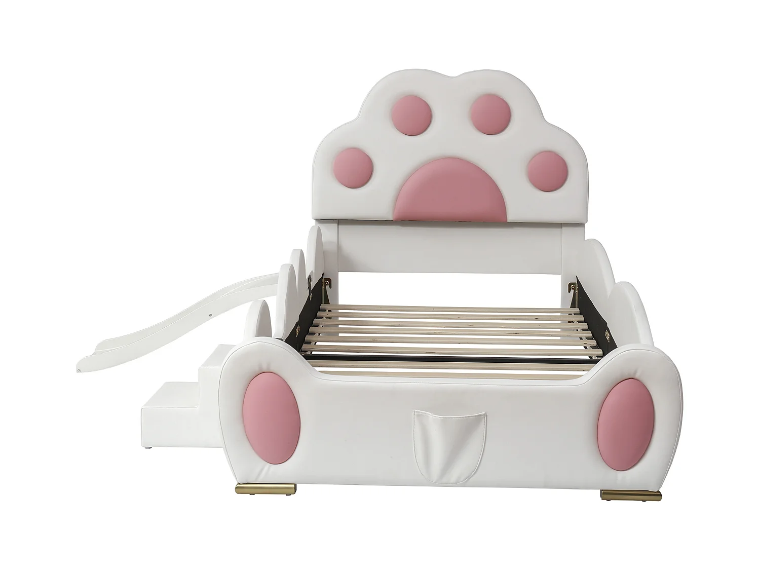 Lit enfant rembourré 90x200 cm - Tête de lit en forme de patte de chat - avec toboggan et petit escalier pour enfants - PU - Blanc + Rose