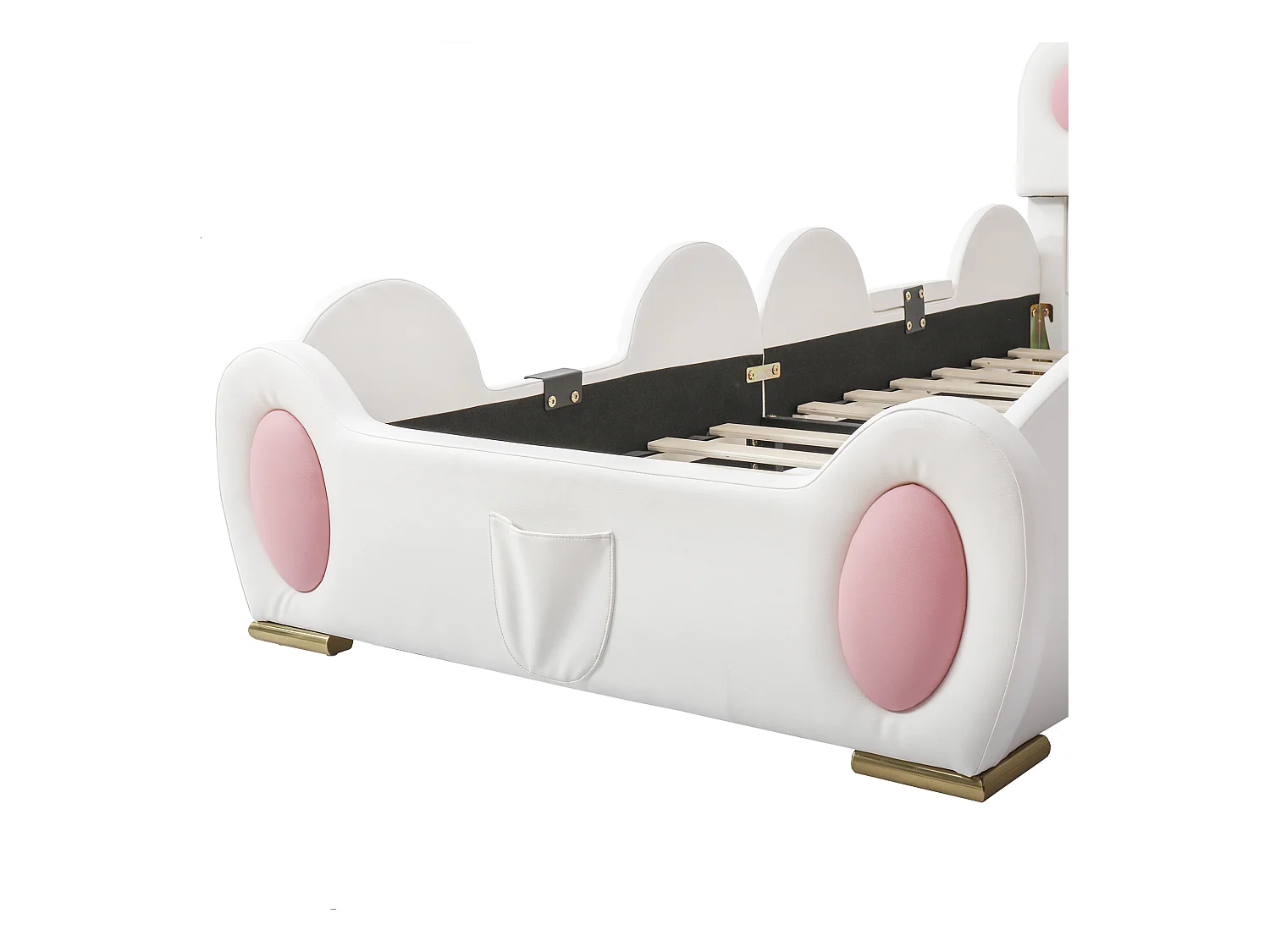 Lit enfant rembourré 90x200 cm - Tête de lit en forme de patte de chat - avec toboggan et petit escalier pour enfants - PU - Blanc + Rose