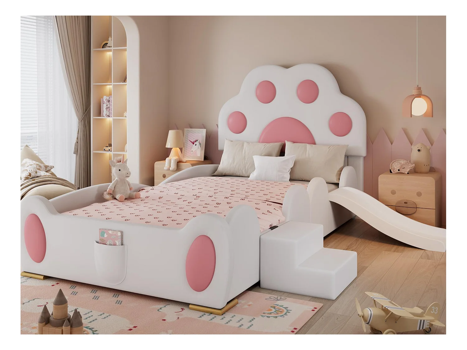 Cama infantil acolchonada 90x200 cm - cabecero en forma de pata de gato - con tobogán y pequeño escalón para niños - PU - Blanco + Rosa