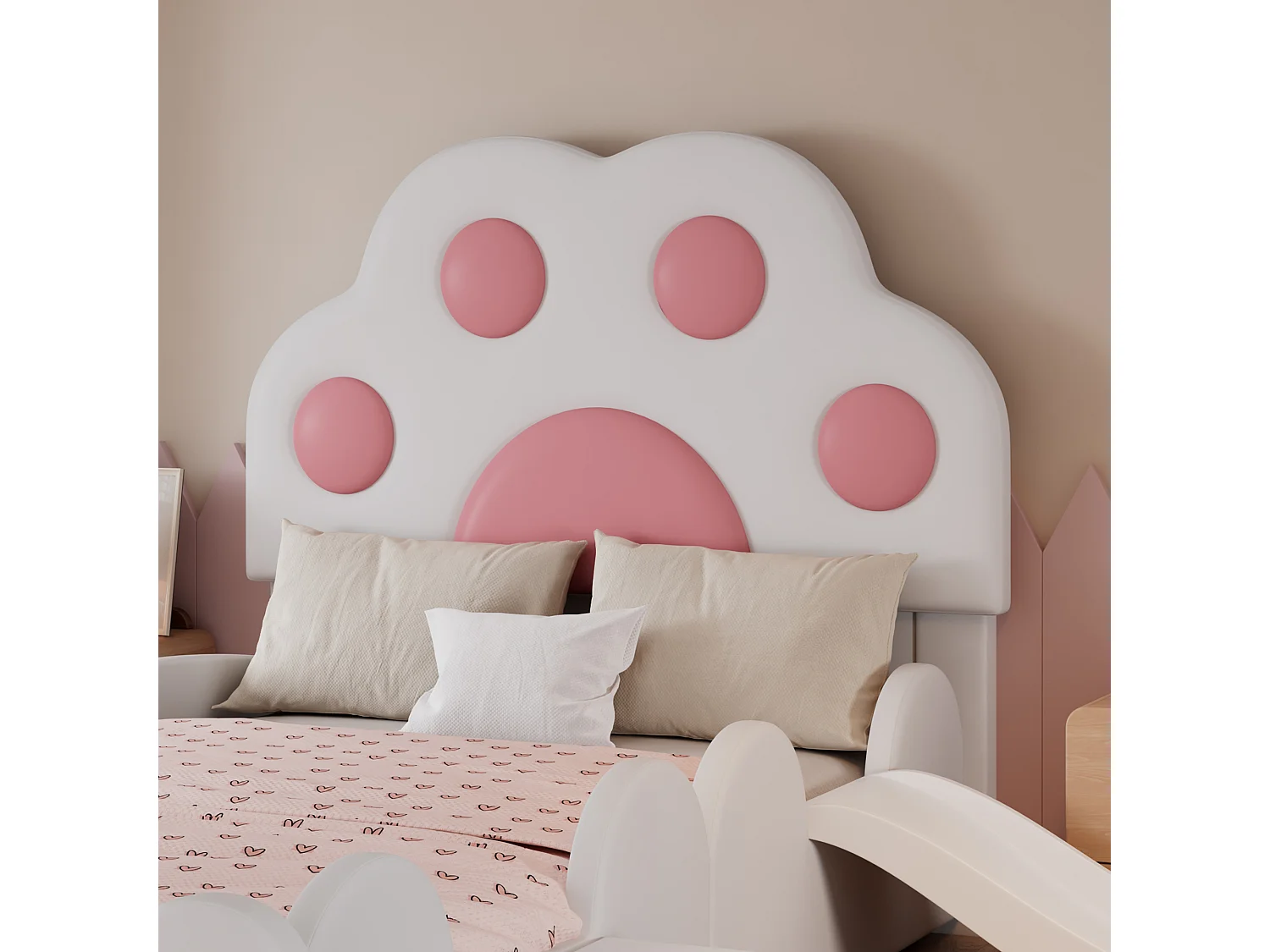 Lit enfant rembourré 90x200 cm - Tête de lit en forme de patte de chat - avec toboggan et petit escalier pour enfants - PU - Blanc + Rose