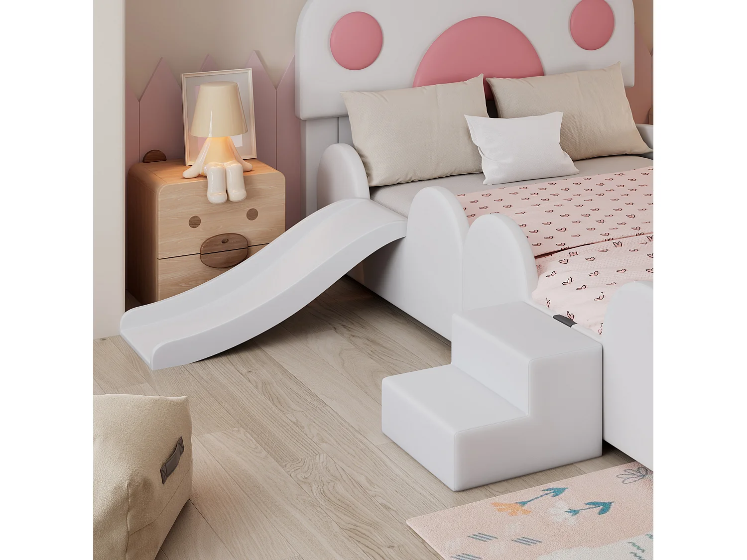 Lit enfant rembourré 90x200 cm - Tête de lit en forme de patte de chat - avec toboggan et petit escalier pour enfants - PU - Blanc + Rose