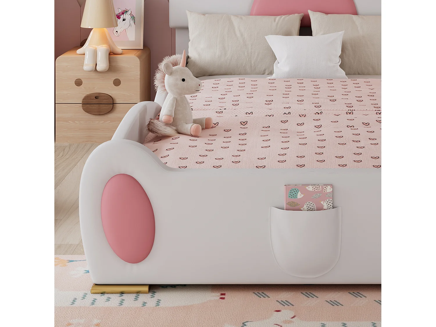 Lit enfant rembourré 90x200 cm - Tête de lit en forme de patte de chat - avec toboggan et petit escalier pour enfants - PU - Blanc + Rose