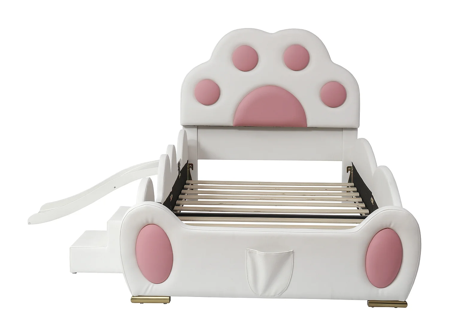Lit enfant rembourré 90x200 cm - Tête de lit en forme de patte de chat - avec toboggan et petit escalier pour enfants - PU - Blanc + Rose