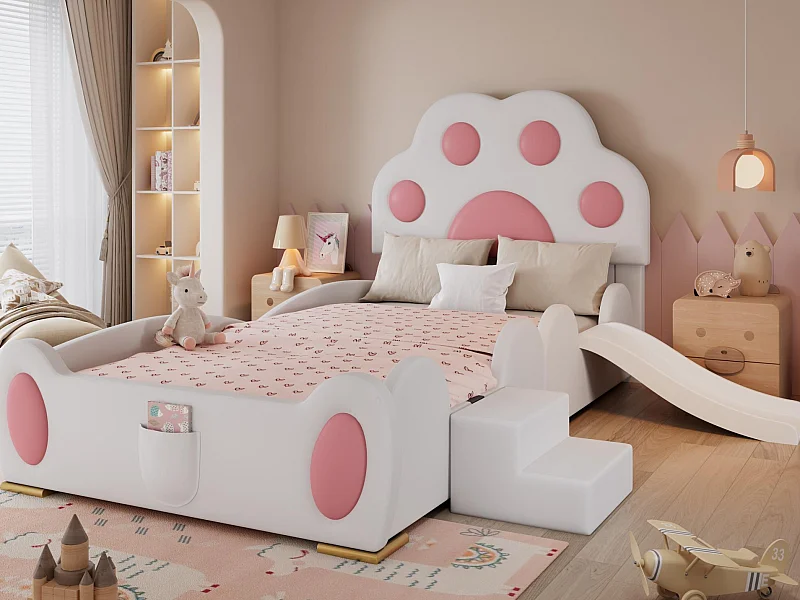 Lit enfant rembourré 90x200 cm - Tête de lit en forme de patte de chat - avec toboggan et petit escalier pour enfants - PU - Blanc + Rose