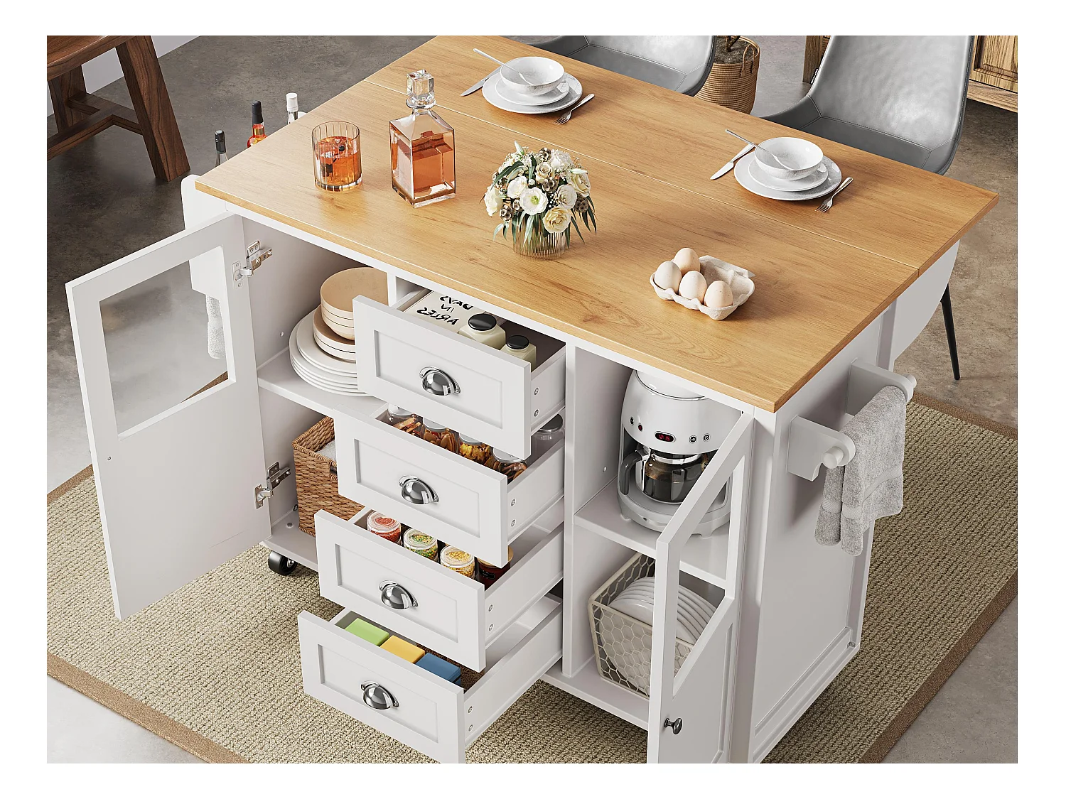 Ilot central de cuisine mobile 137.9x73x92.5cm - 4 tiroirs et 2 portes - plateau extensible - blanc