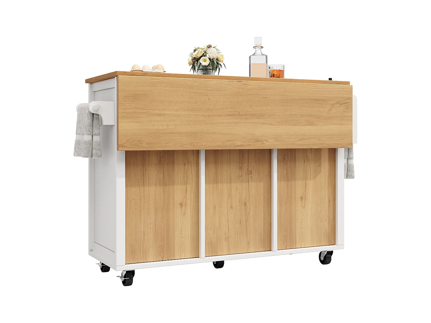 Ilot central de cuisine mobile 137.9x73x92.5cm - 4 tiroirs et 2 portes - plateau extensible - blanc