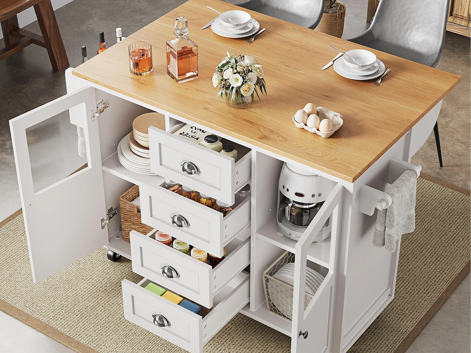 Ilot central de cuisine mobile 137.9x73x92.5cm - 4 tiroirs et 2 portes - plateau extensible - blanc