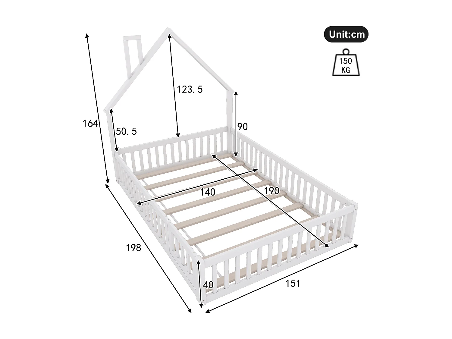 Lit cabane enfant 140x190cm - Lit avec sommier à lattes - Bois massif - Blanc (sans matelas)