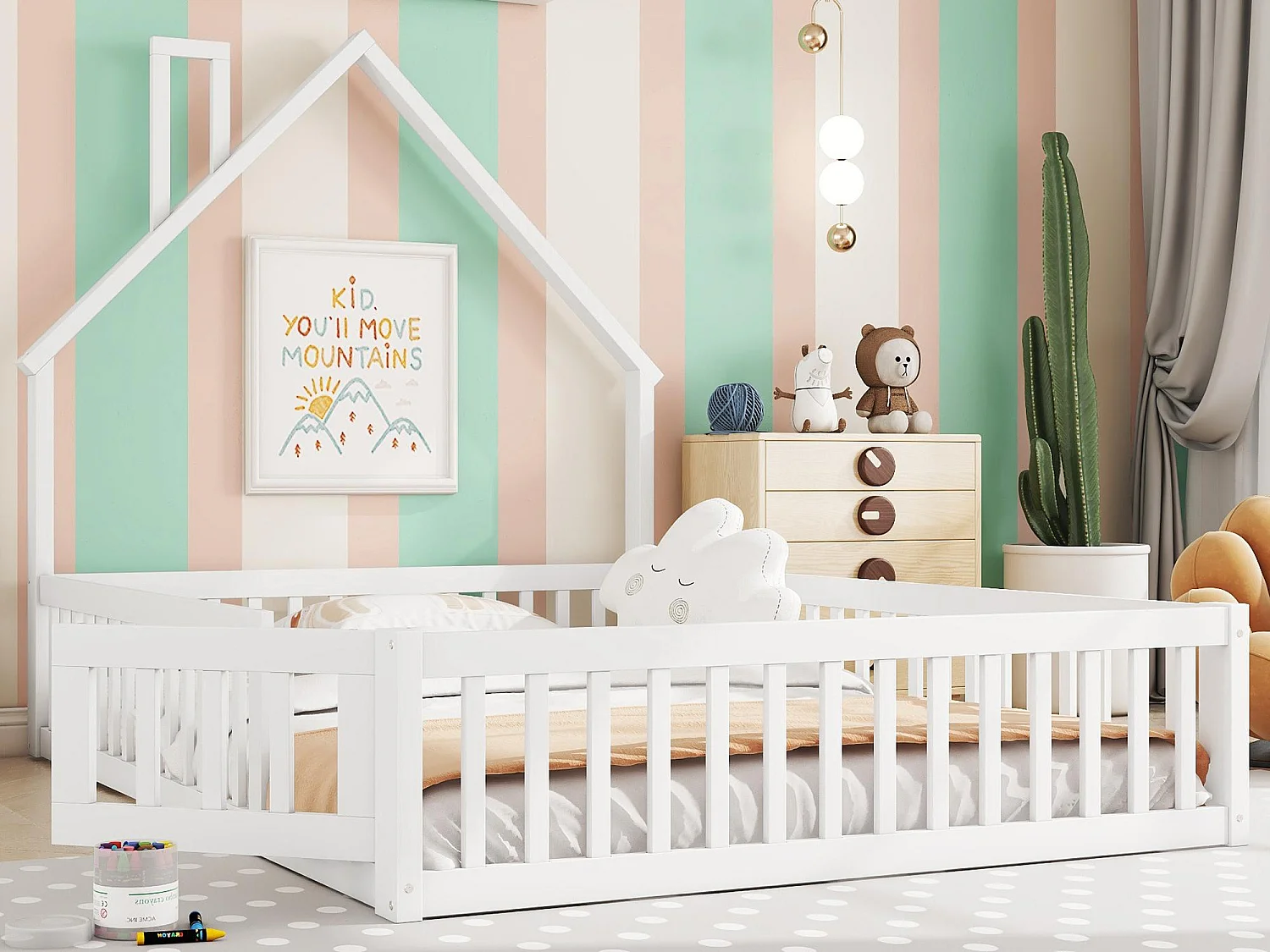 Letto a casetta bambino 140×190 cm - Letto con rete a doghe - Legno massello - Bianco (senza materasso)