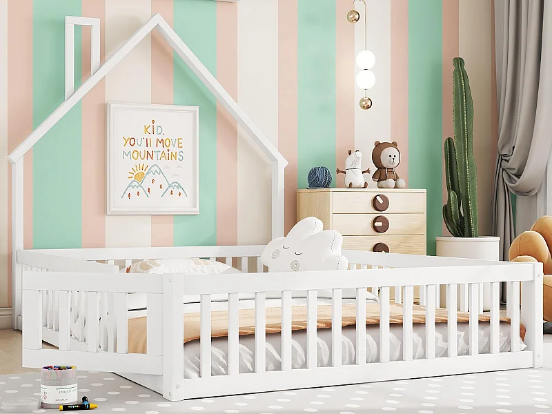 Letto a casetta bambino 140×190 cm - Letto con rete a doghe - Legno massello - Bianco (senza materasso)