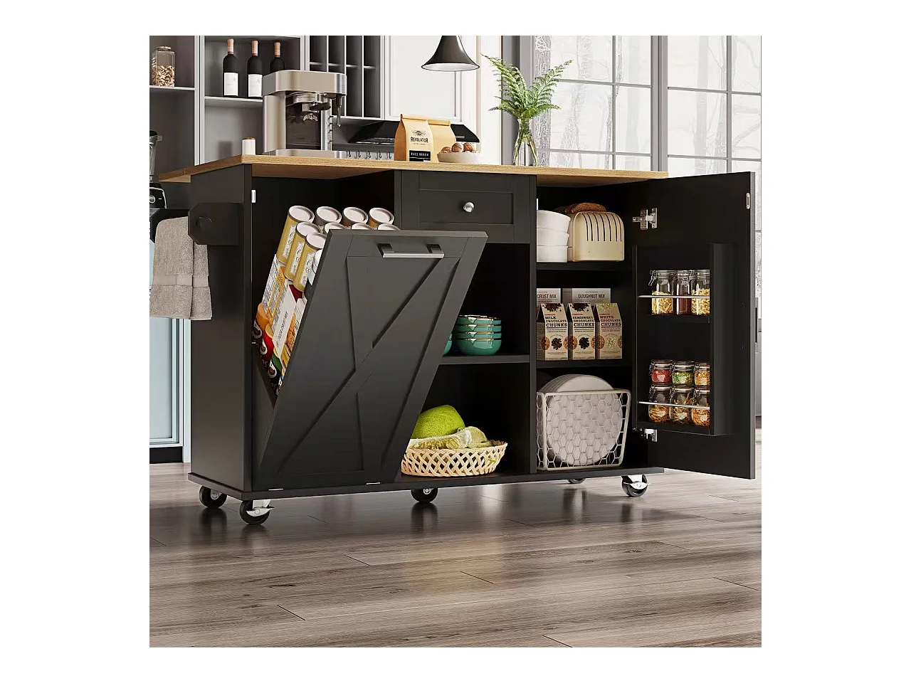 Ilot central de cuisine moderne 142x63x87cm - 1 tiroir et 2 portes - avec 1 porte à abattant - plateau extensible - noir