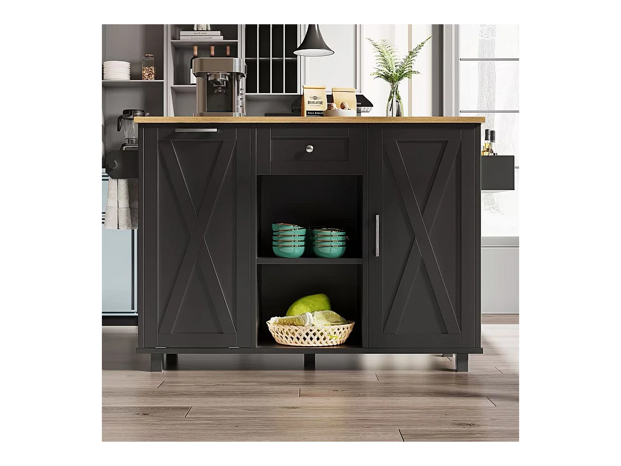 Ilot central de cuisine moderne 142x63x87cm - 1 tiroir et 2 portes - avec 1 porte à abattant - plateau extensible - noir