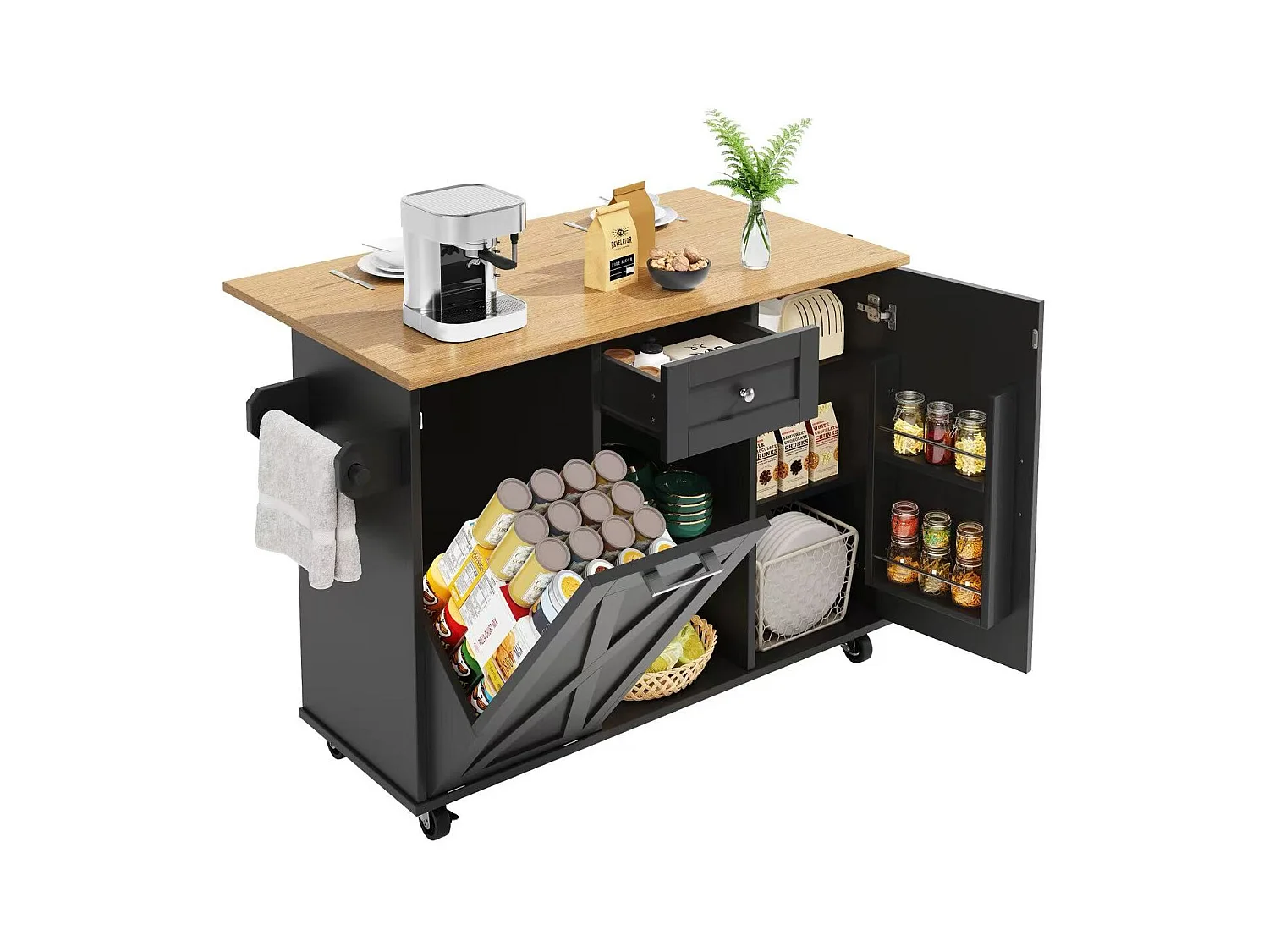 Ilot central de cuisine moderne 142x63x87cm - 1 tiroir et 2 portes - avec 1 porte à abattant - plateau extensible - noir