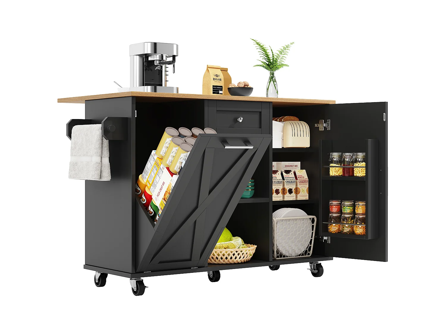 Ilot central de cuisine moderne 142x63x87cm - 1 tiroir et 2 portes - avec 1 porte à abattant - plateau extensible - noir