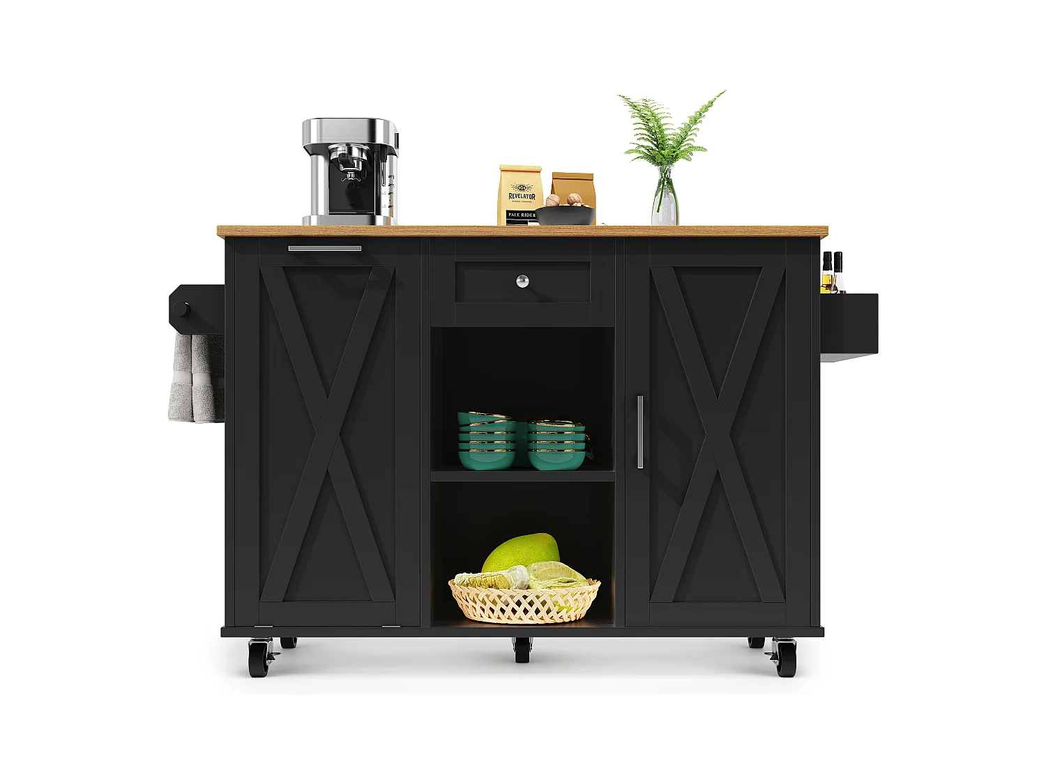 Ilot central de cuisine moderne 142x63x87cm - 1 tiroir et 2 portes - avec 1 porte à abattant - plateau extensible - noir