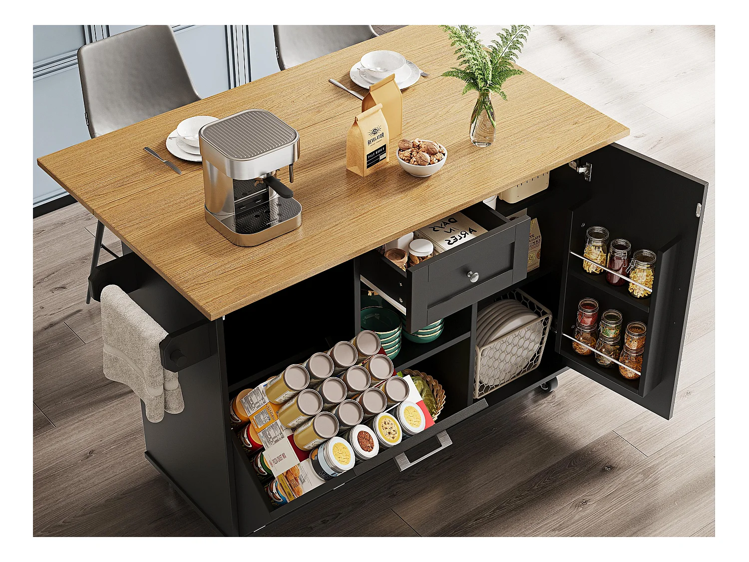 Ilot central de cuisine moderne 142x63x87cm - 1 tiroir et 2 portes - avec 1 porte à abattant - plateau extensible - noir