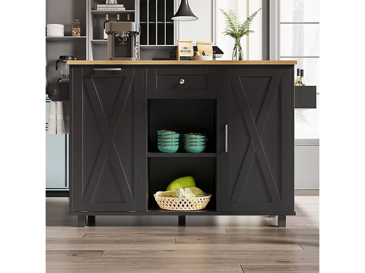 Isla de cocina moderna 142×63×87 cm - 1 cajón y 2 puertas - con 1 puerta abatible - encimera extensible - negro