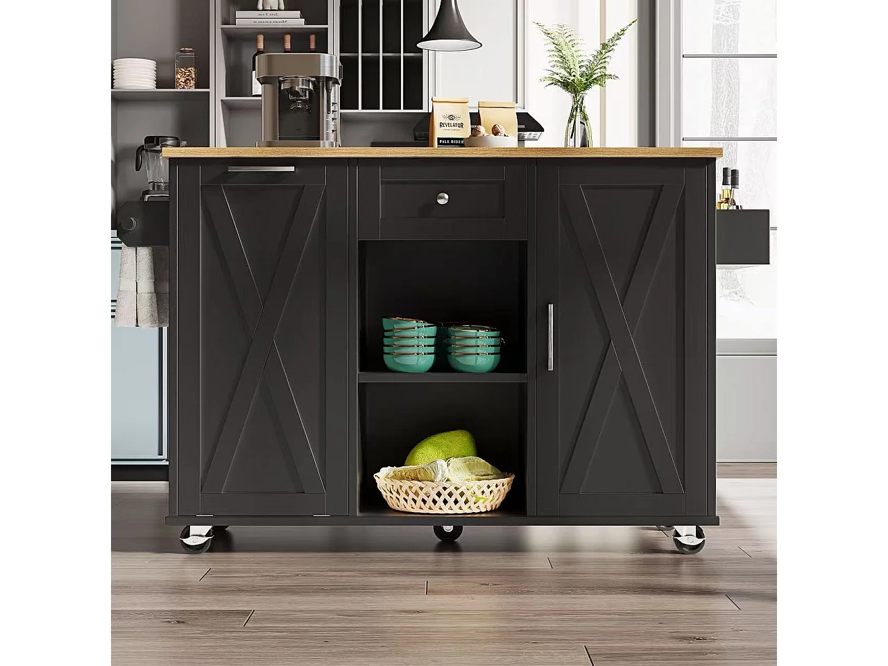 Isla de cocina moderna 142×63×87 cm - 1 cajón y 2 puertas - con 1 puerta abatible - encimera extensible - negro