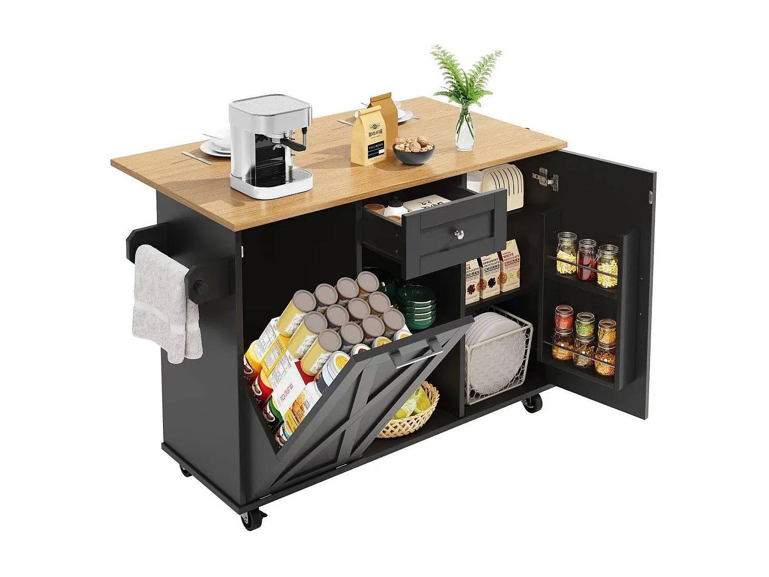 Isla de cocina moderna 142×63×87 cm - 1 cajón y 2 puertas - con 1 puerta abatible - encimera extensible - negro