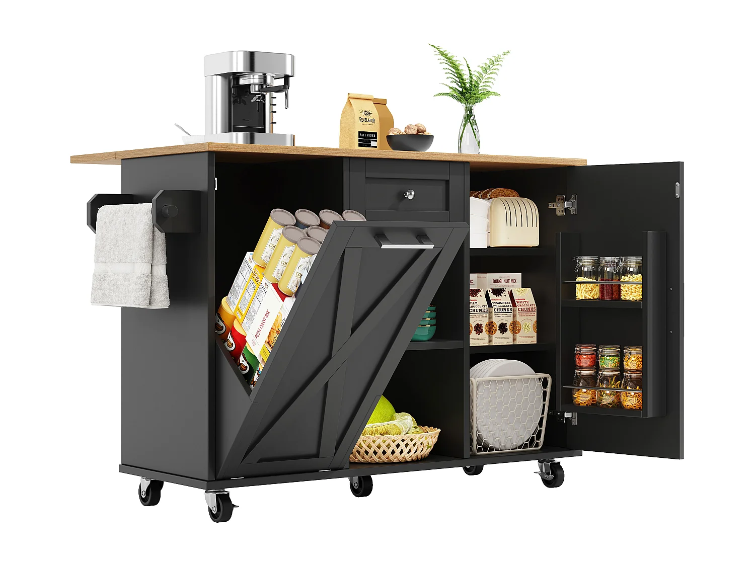 Isla de cocina moderna 142×63×87 cm - 1 cajón y 2 puertas - con 1 puerta abatible - encimera extensible - negro