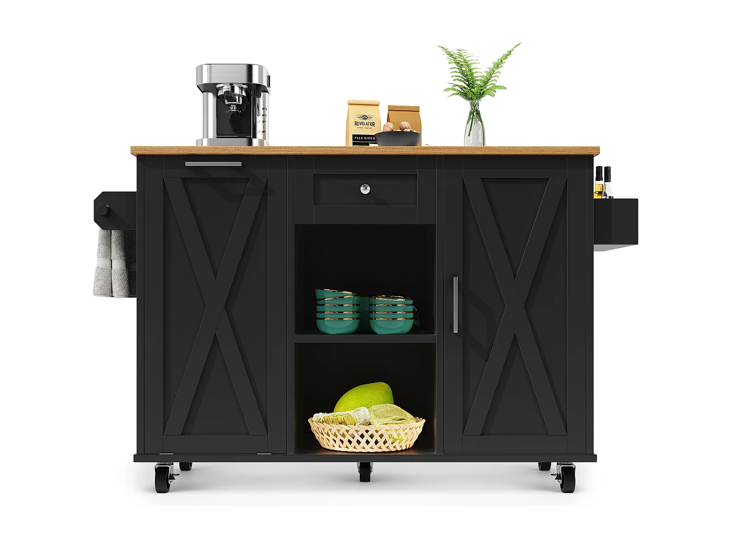 Isla de cocina moderna 142×63×87 cm - 1 cajón y 2 puertas - con 1 puerta abatible - encimera extensible - negro