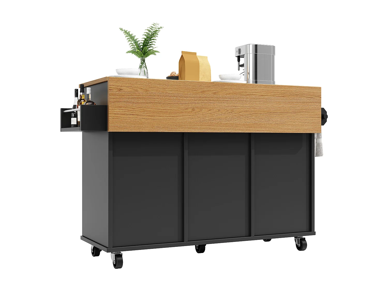 Isla de cocina moderna 142×63×87 cm - 1 cajón y 2 puertas - con 1 puerta abatible - encimera extensible - negro