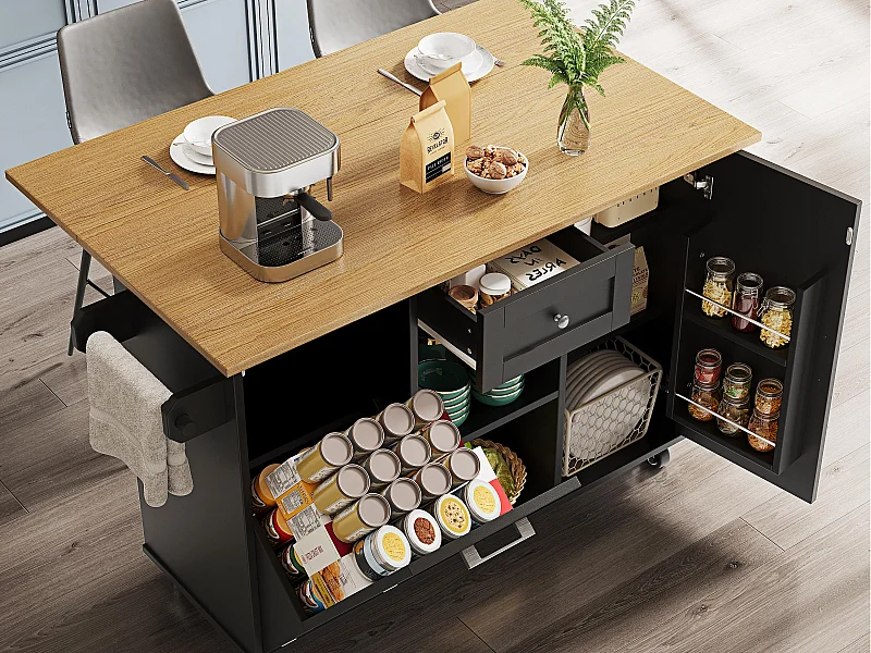 Ilot central de cuisine moderne 142x63x87cm - 1 tiroir et 2 portes - avec 1 porte à abattant - plateau extensible - noir