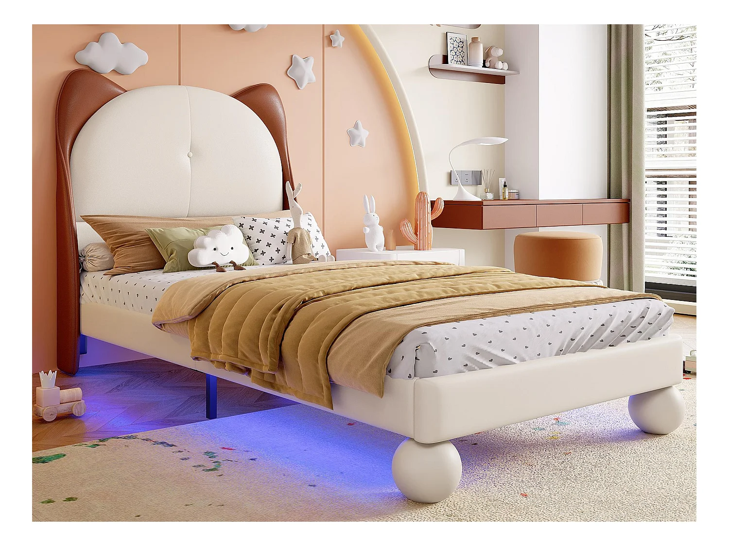 Tapicerowane łóżko dziecięce 90x200 cm - zagłówek w kształcie uszu kota - z LED - z stelażem na listwach - PU - Beżowe + Brązowe