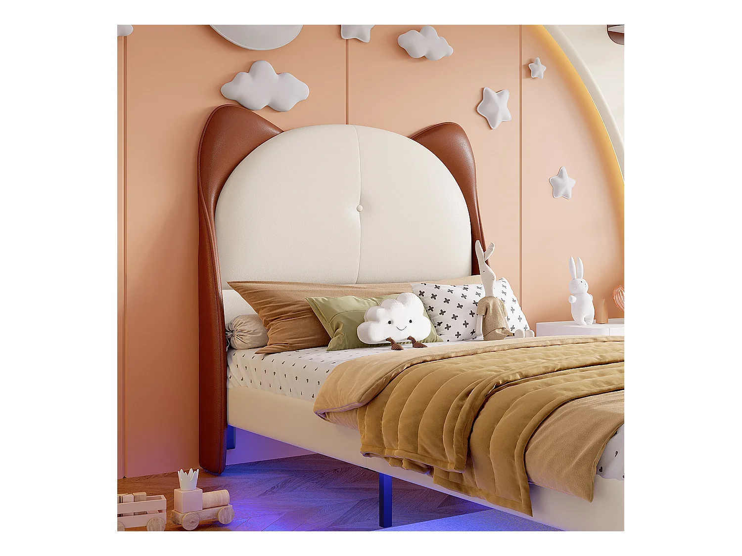 Tapicerowane łóżko dziecięce 90x200 cm - zagłówek w kształcie uszu kota - z LED - z stelażem na listwach - PU - Beżowe + Brązowe