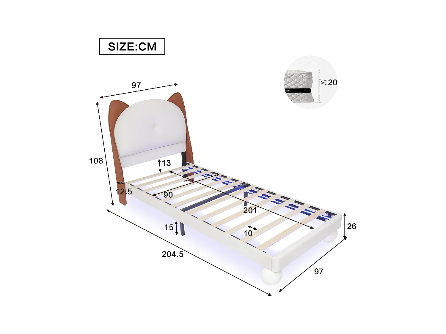 Tapicerowane łóżko dziecięce 90x200 cm - zagłówek w kształcie uszu kota - z LED - z stelażem na listwach - PU - Beżowe + Brązowe