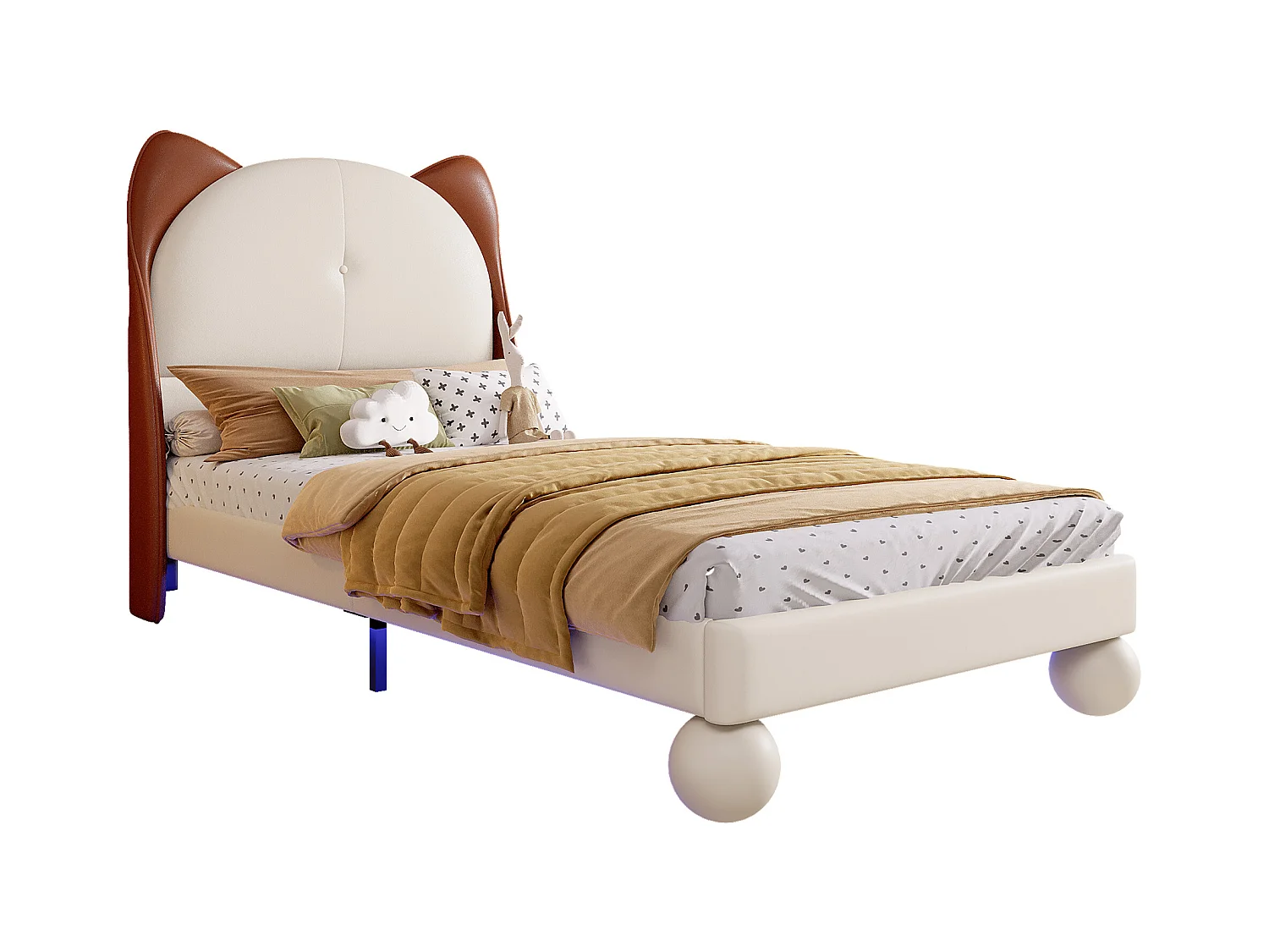 Tapicerowane łóżko dziecięce 90x200 cm - zagłówek w kształcie uszu kota - z LED - z stelażem na listwach - PU - Beżowe + Brązowe